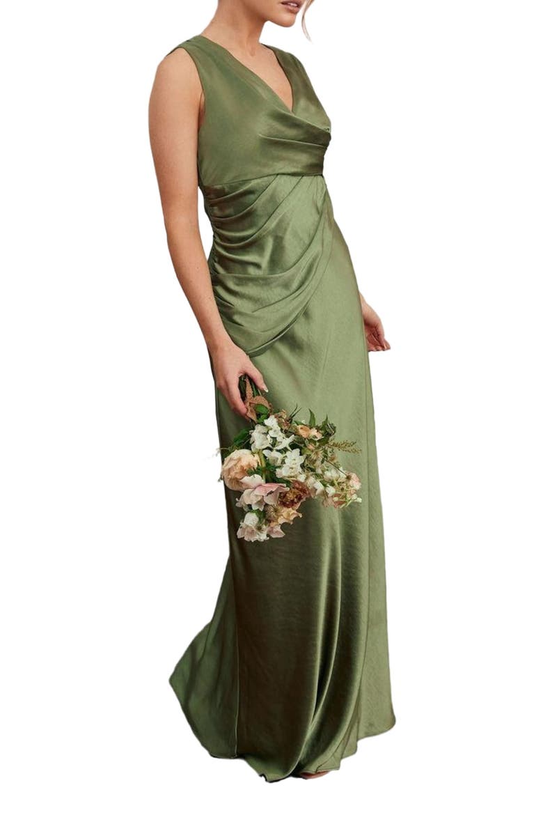 Plunge Drape Satin Bridesmaid Dress, Alternate, color, Moss Green