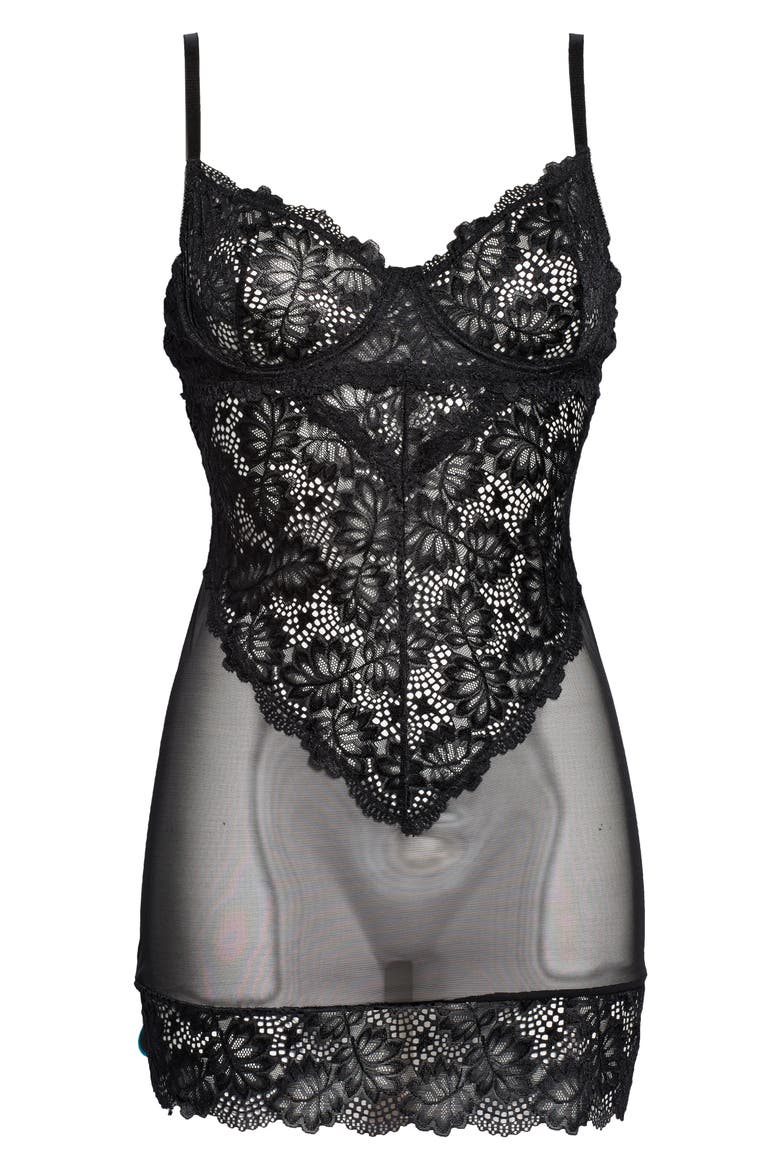 Page Underwire Babydoll Chemise & G-String Thong, Alternate, color, BLACK