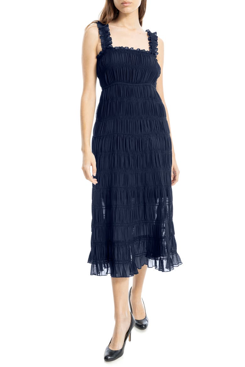 Ruffle Shirred Georgette Midi Dress, Main, color, SAPPHIRE
