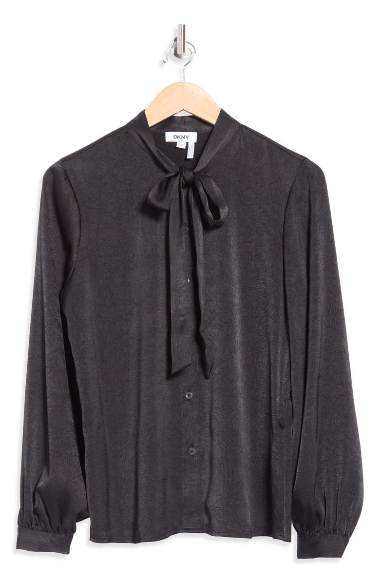 DKNY Tie Neck Crushed Satin Button-Up Shirt, Alternate, color, Black