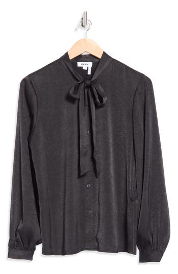 Dkny Tie Neck Crushed Satin Button-up Shirt In Black