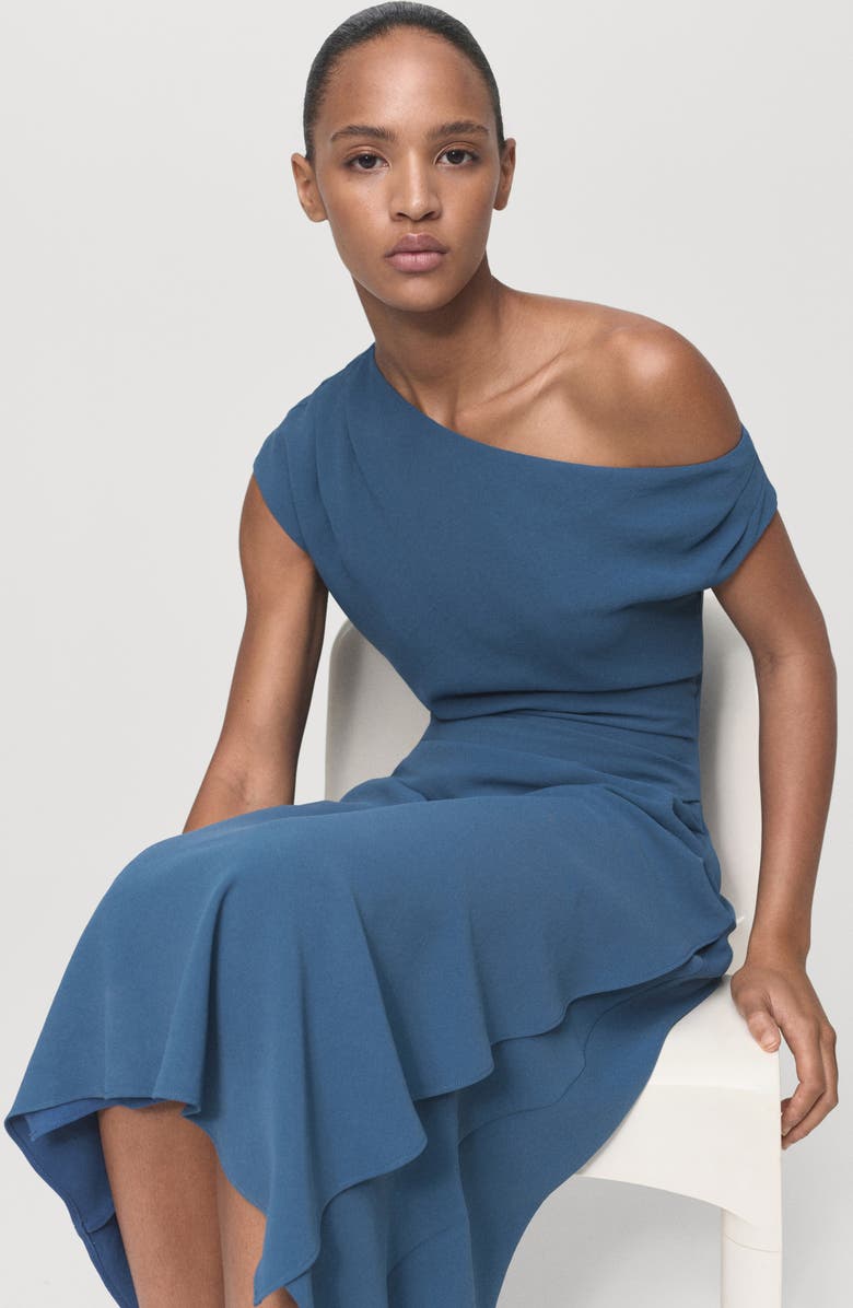 MANGO Asymmetrical One-Shoulder Midi Dress, Alternate, color, Blue