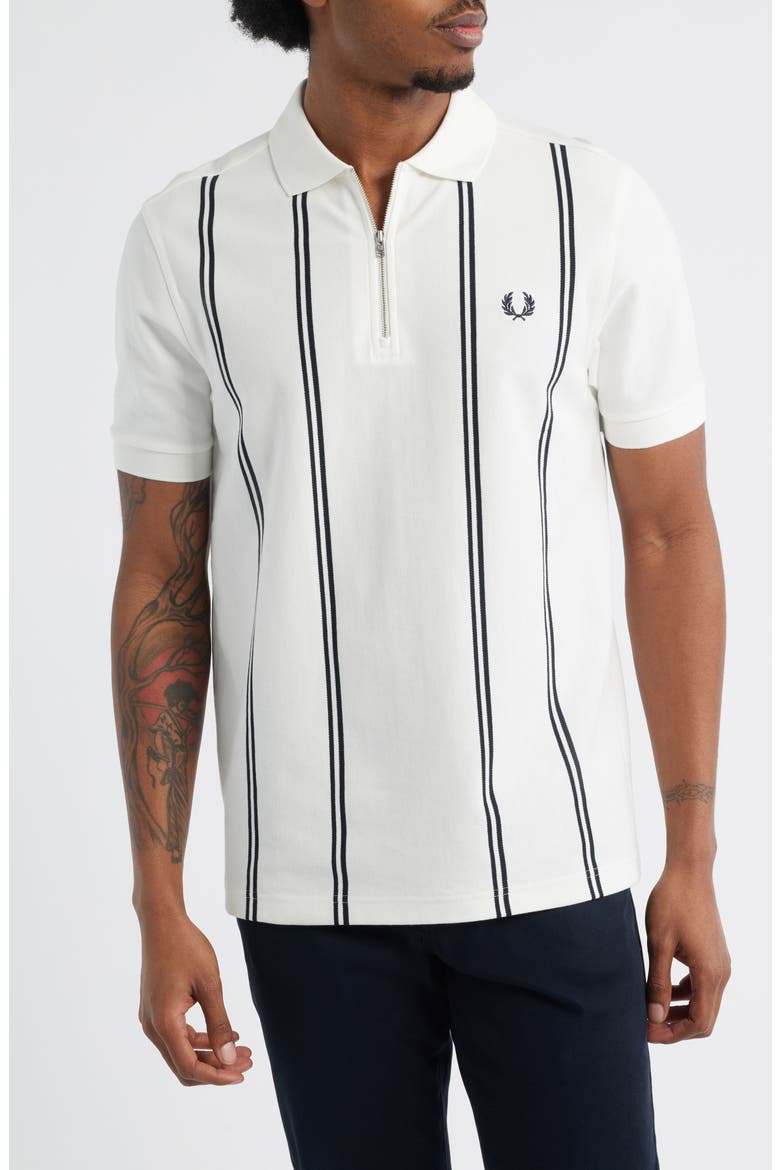 Vertical Stripe Cotton Piqué Zip Polo, Main, color, SNOW WHITE