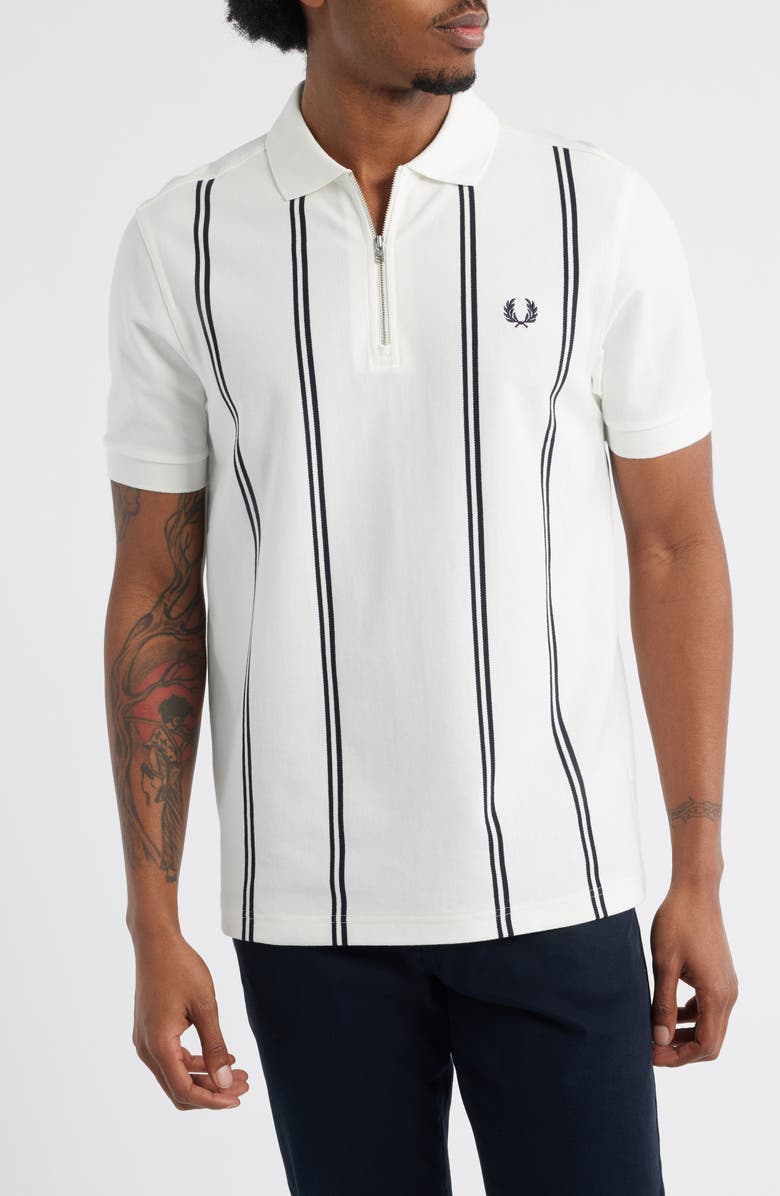 Fred Perry Vertical Stripe Cotton Piqué Zip Polo, Main, color, Snow White