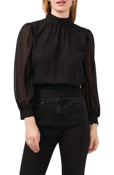 Polka Dot Back Cutout Mock Neck Top