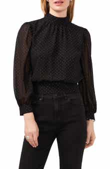 Polka Dot Back Cutout Mock Neck Top