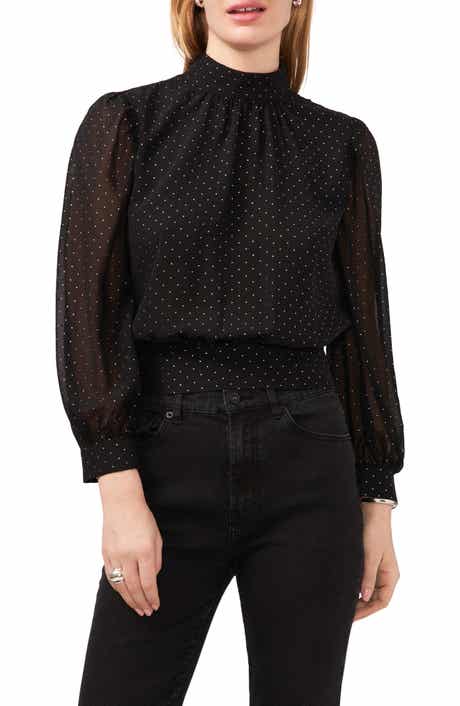 Polka Dot Back Cutout Mock Neck Top