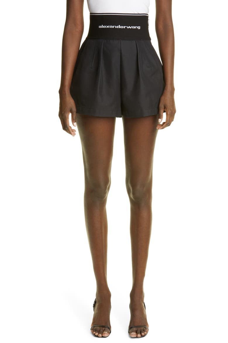 Logo Waist Pleated Safari Shorts, Main, color, BLACK