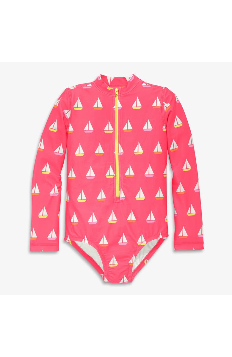Primary Kids Long Sleeve One-Piece Rash Guard, Main, color, Bright Azalea Sailboats