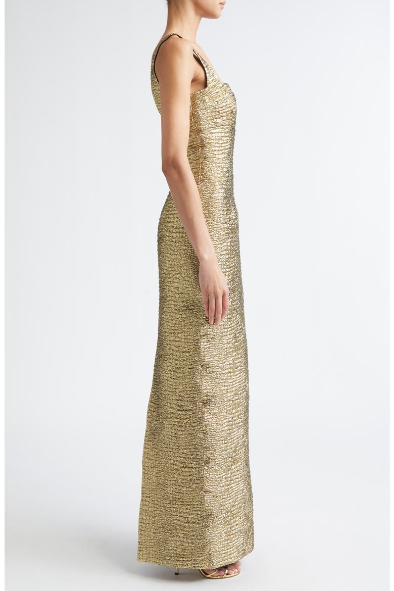 Micheline Metallic Seersucker Column Gown, Alternate, color, GOLD