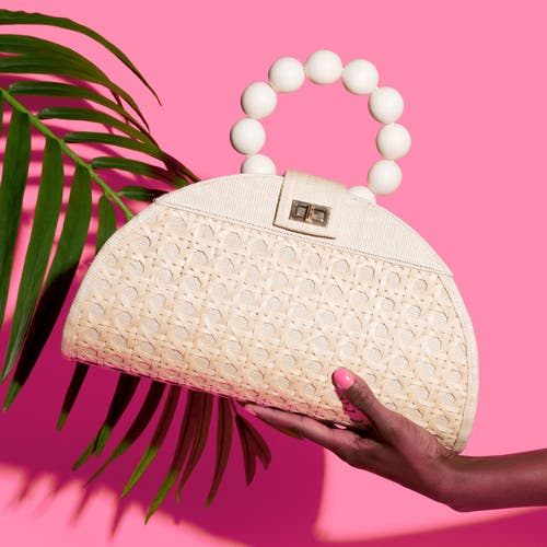 Soli & Sun The Isabella Tan Rattan Solihiya Weave And Gold Bead Top Handle Statement Bag In White