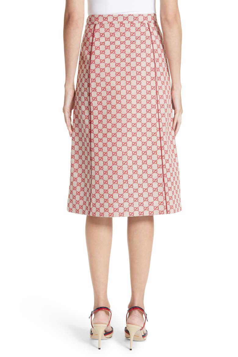 GG Print Canvas A-Line Skirt, Alternate, color, GARDENIA/ HIBISCUS RED