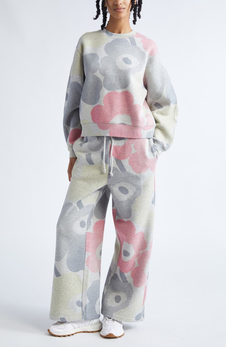 Marimekko Kikapo Unikko Floral Wide Leg French Terry Sweatpants, Alternate, color, Grey Melange Pink L Yellow