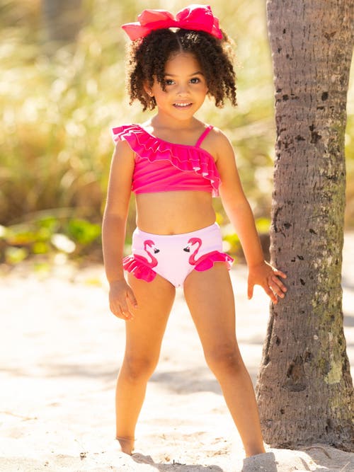 MIA BELLE GIRLS MIA BELLE GIRLS GIRLS FLAMINGO FUN ONE-SHOULDER TWO-PIECE SWIMSUIT