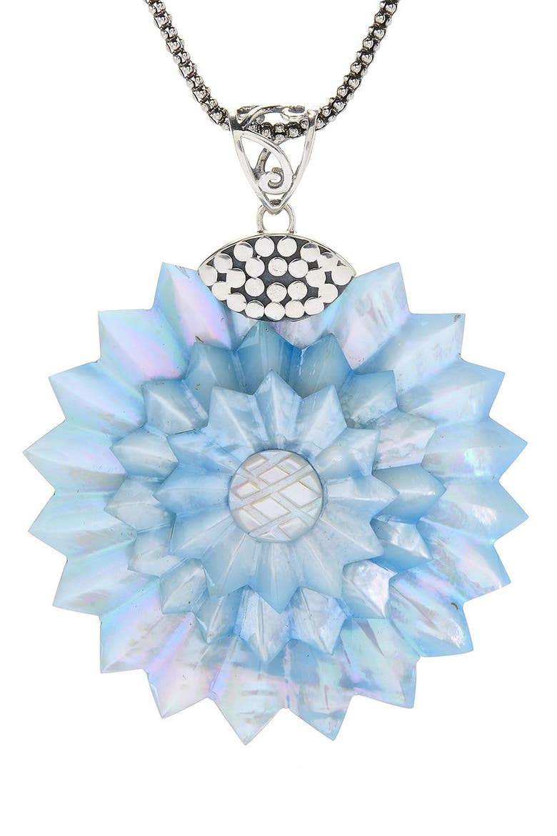Mother of Pearl Flower Pendant Necklace, Main, color, BLUE