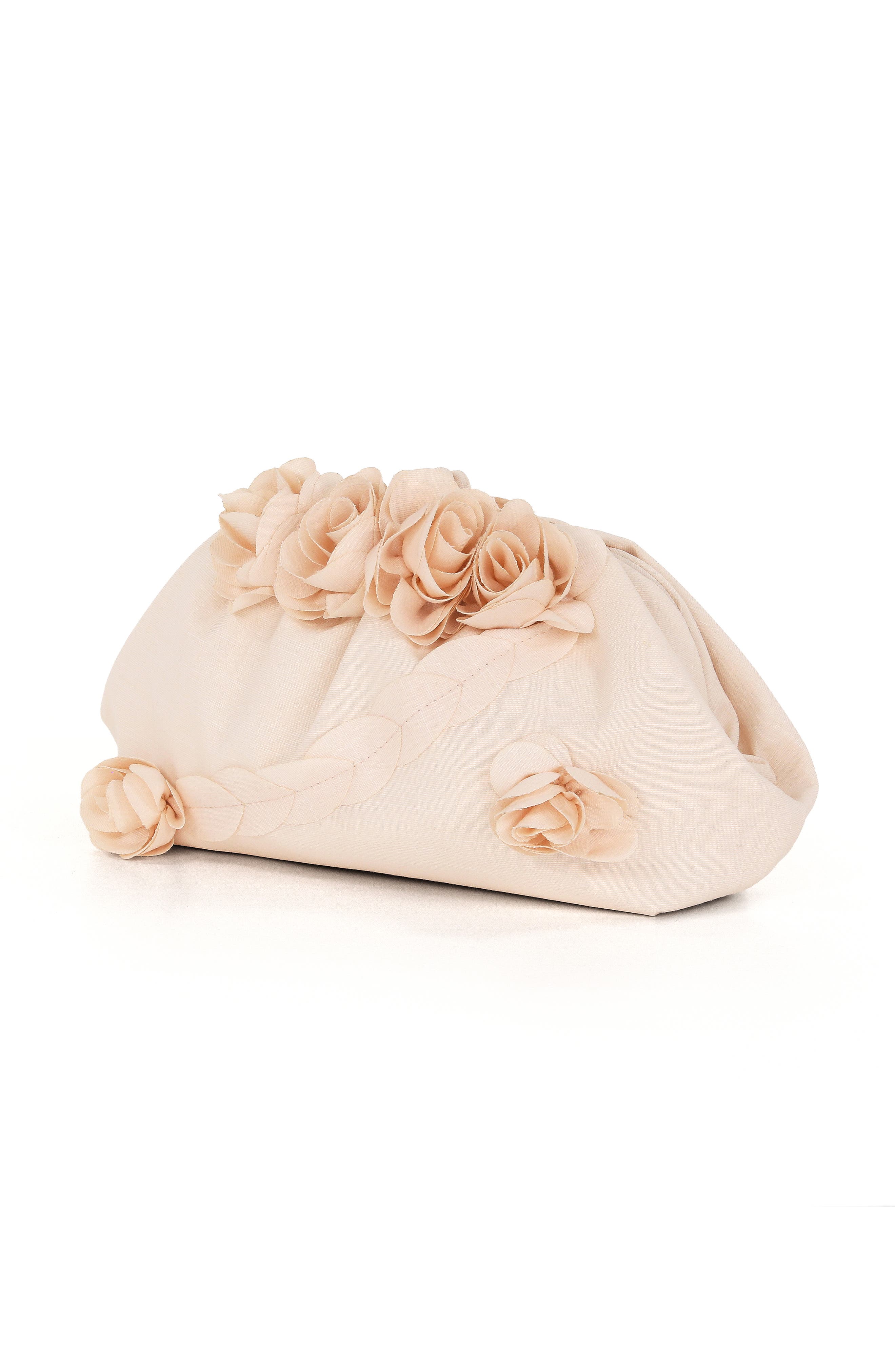 Violet Jacquard Satin Floral Applique Pouch Clutch, Alternate, color, Peach Pearl