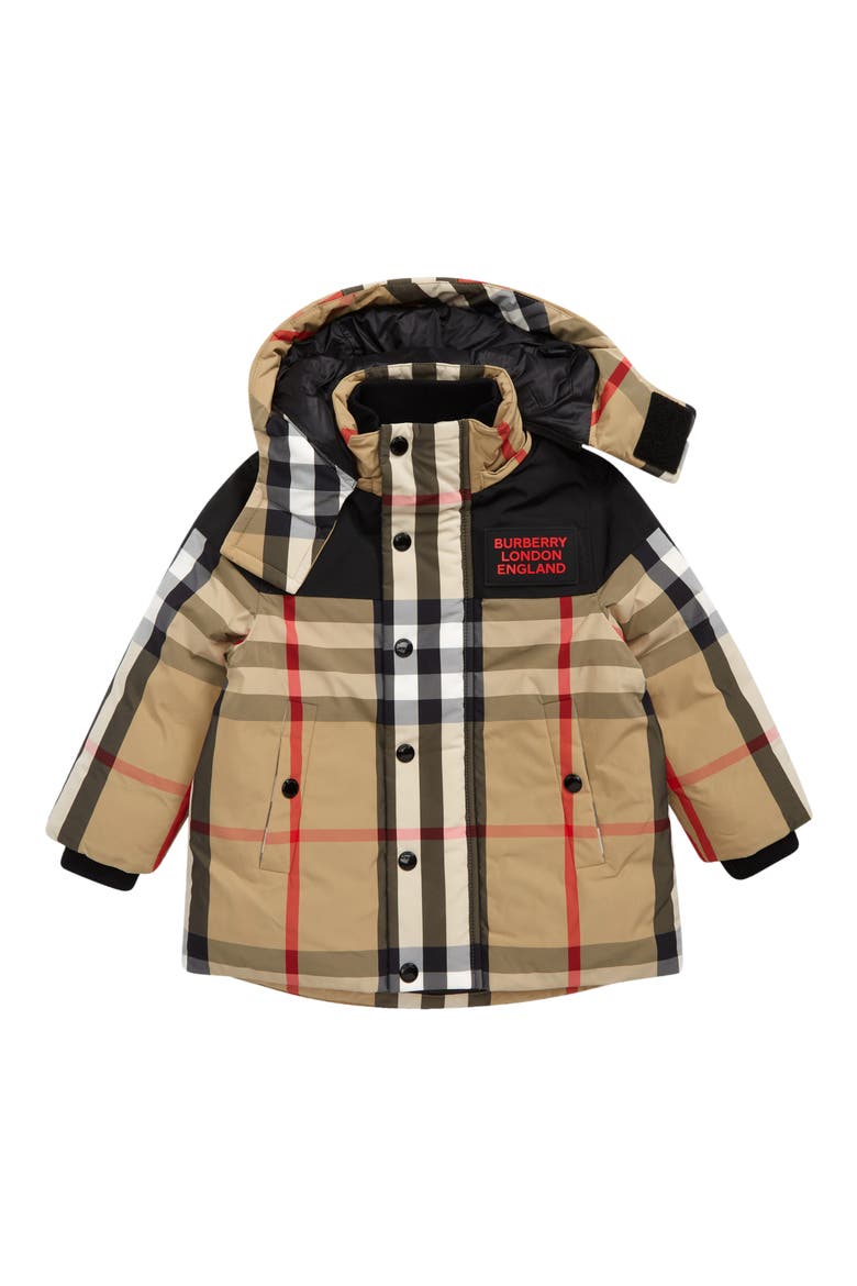 Kids' Chrissy Check Down Jacket with Detachable Hood, Main, color, ARCHIVE BEIGE IP CHK