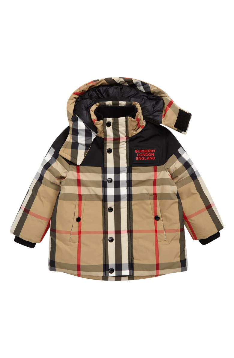 Burberry Kids' Chrissy Check Down Jacket with Detachable Hood, Main, color,