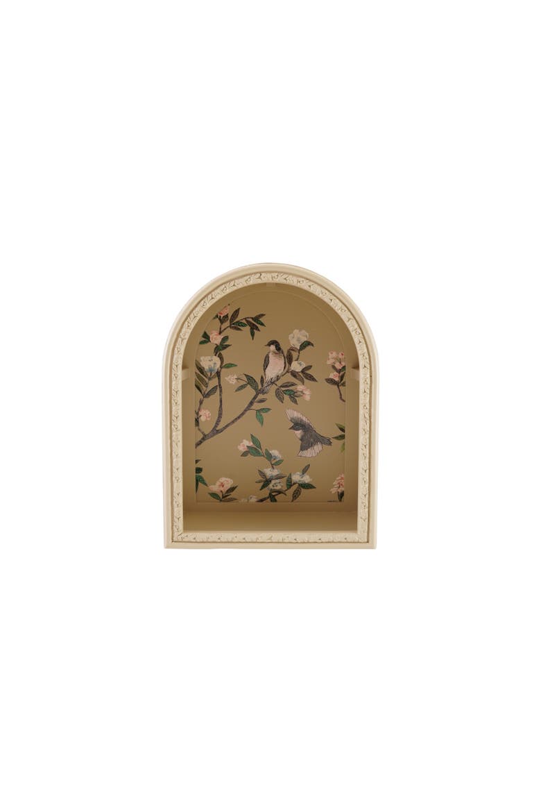 Arched Reclaimed Wood Wall Shelf with Stone Bird Detail, Main, color, Multicolor