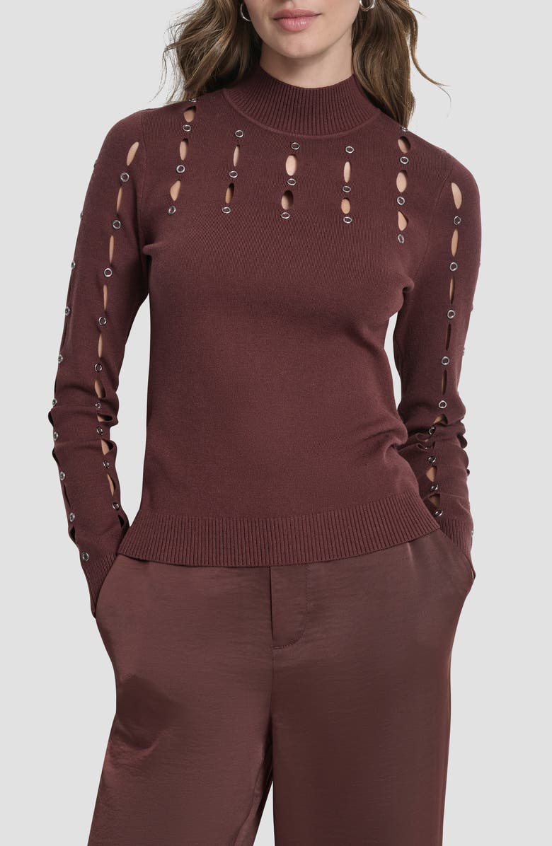 DKNY Grommet Cutout Detail Mock Neck Sweater, Main, color, Bitter Chocolate