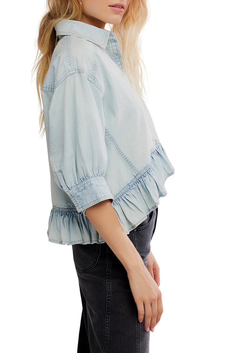 Free People Bailey Denim Crop Peplum Top, Alternate, color, Light Tint Wash