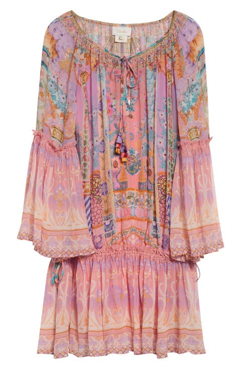 Gaudi Print Long Sleeve Drop Waist Silk Dress