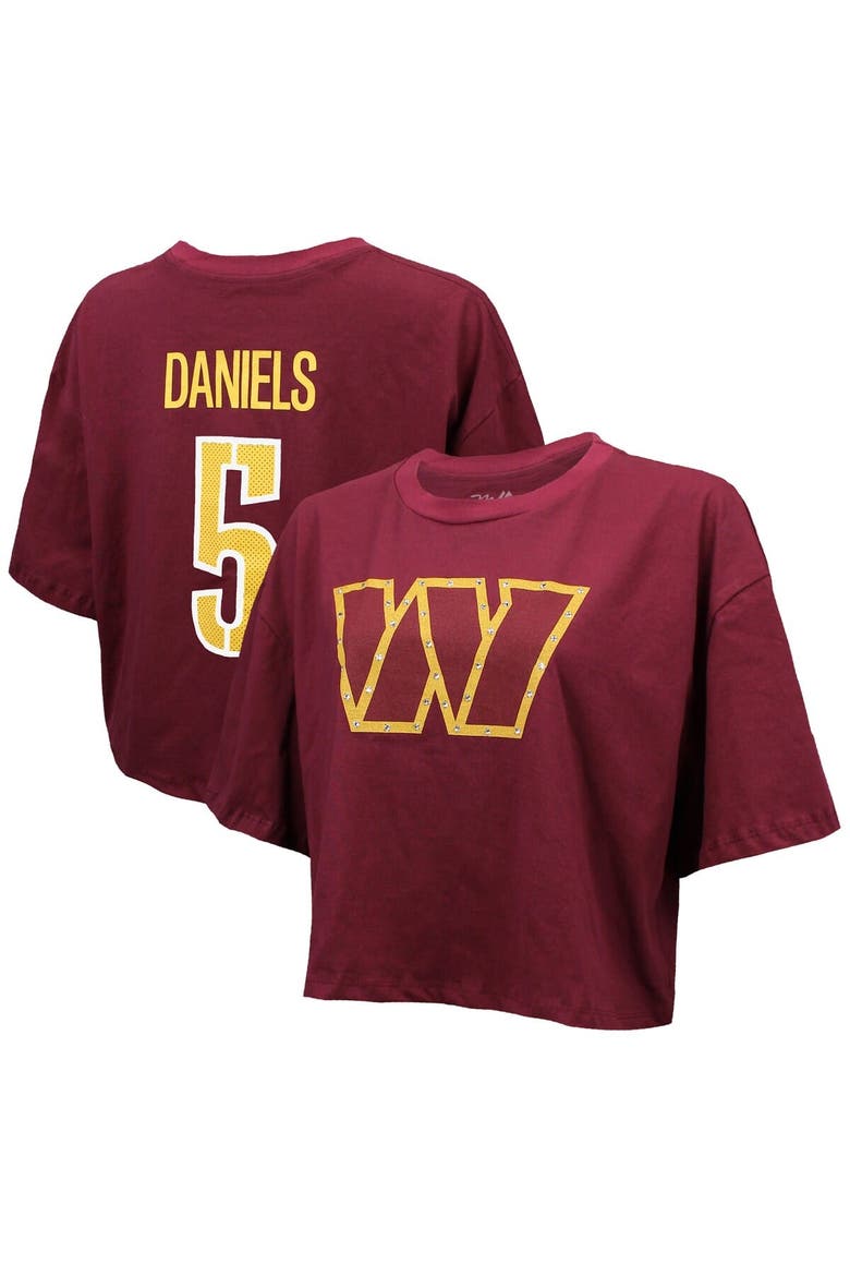 Women's Majestic Threads Jayden Daniels Burgundy Washington Commanders Swarovski Crystals Boxy Cropped Name & Number T-Shirt, Main, color, Burgundy