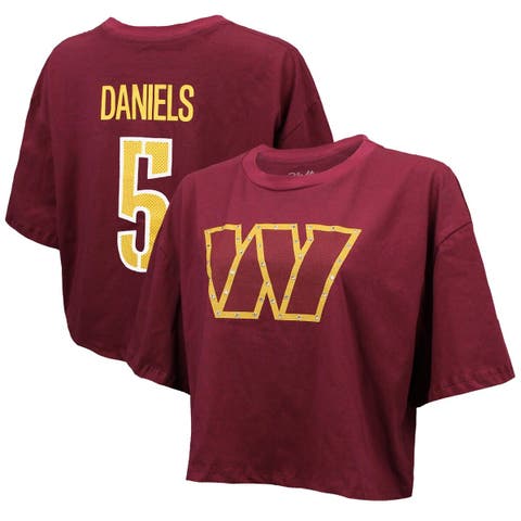 Women's Majestic Threads Jayden Daniels Burgundy Washington Commanders Swarovski Crystals Boxy Cropped Name & Number T-Shirt