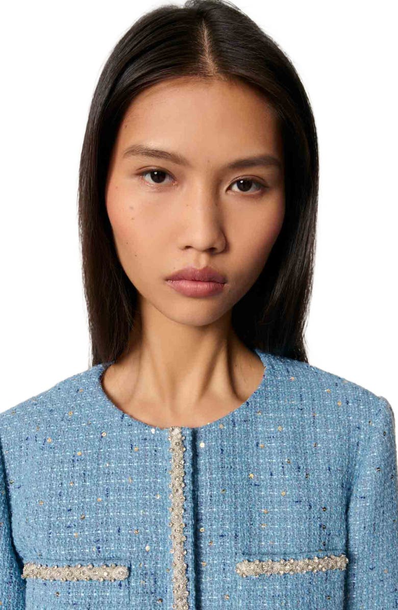 maje Short sequin tweed jacket, Alternate, color, Blue