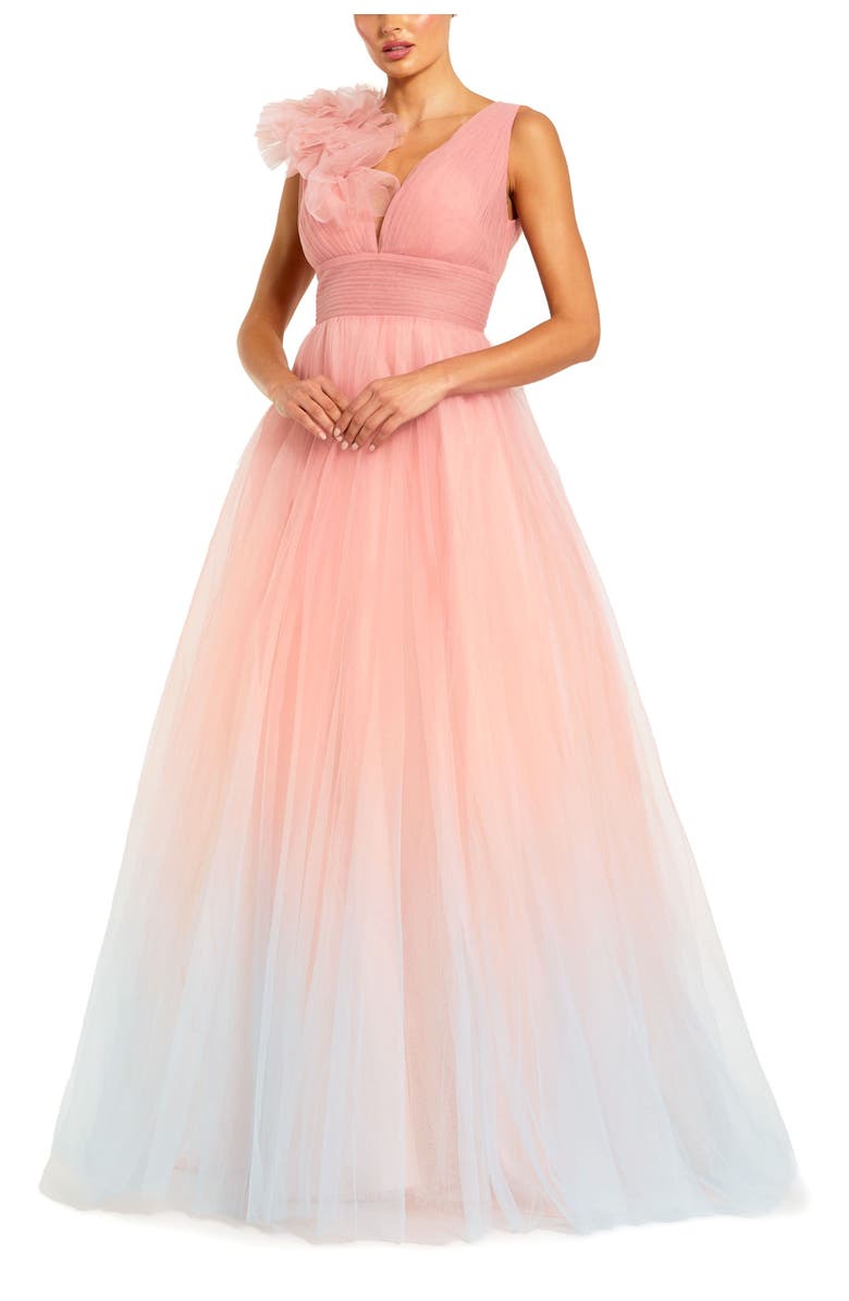 Mac Duggal Ruffle Shoulder V Neck Ombre Tulle Ballgown, Main, color, Pink Multi