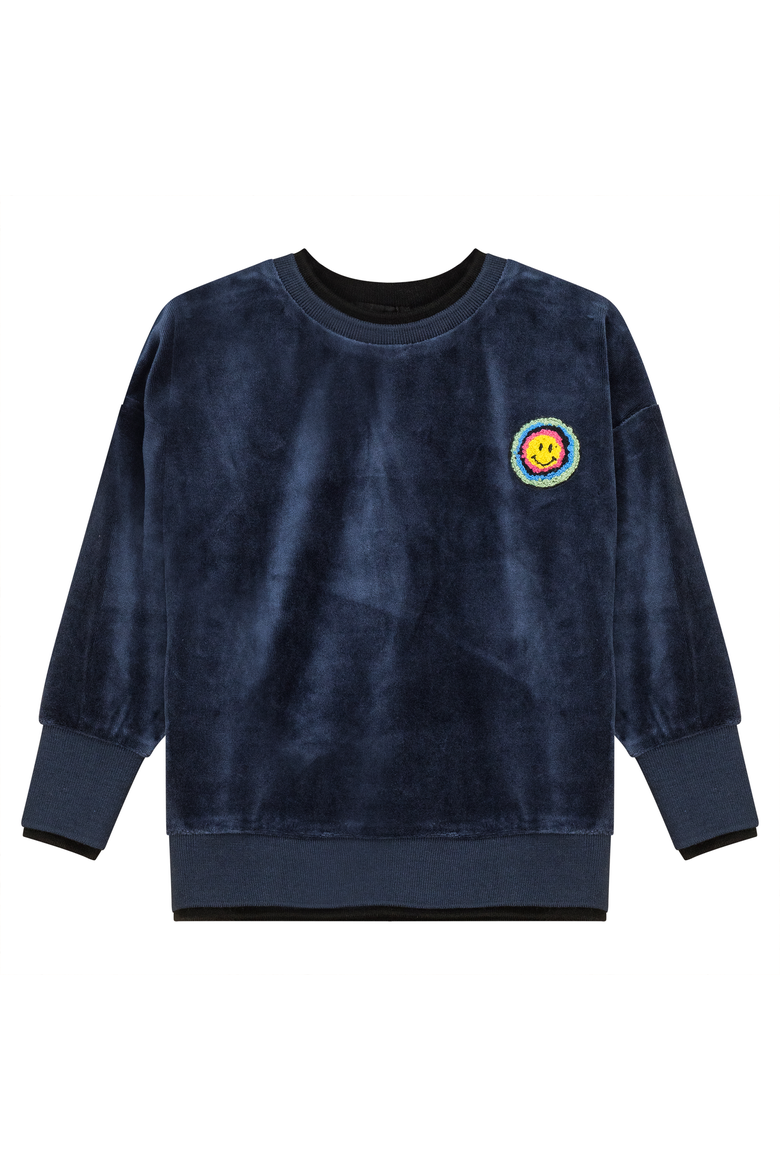 Velour Sweatshirt with Smiley and Heart Applique, Main, color, Navy