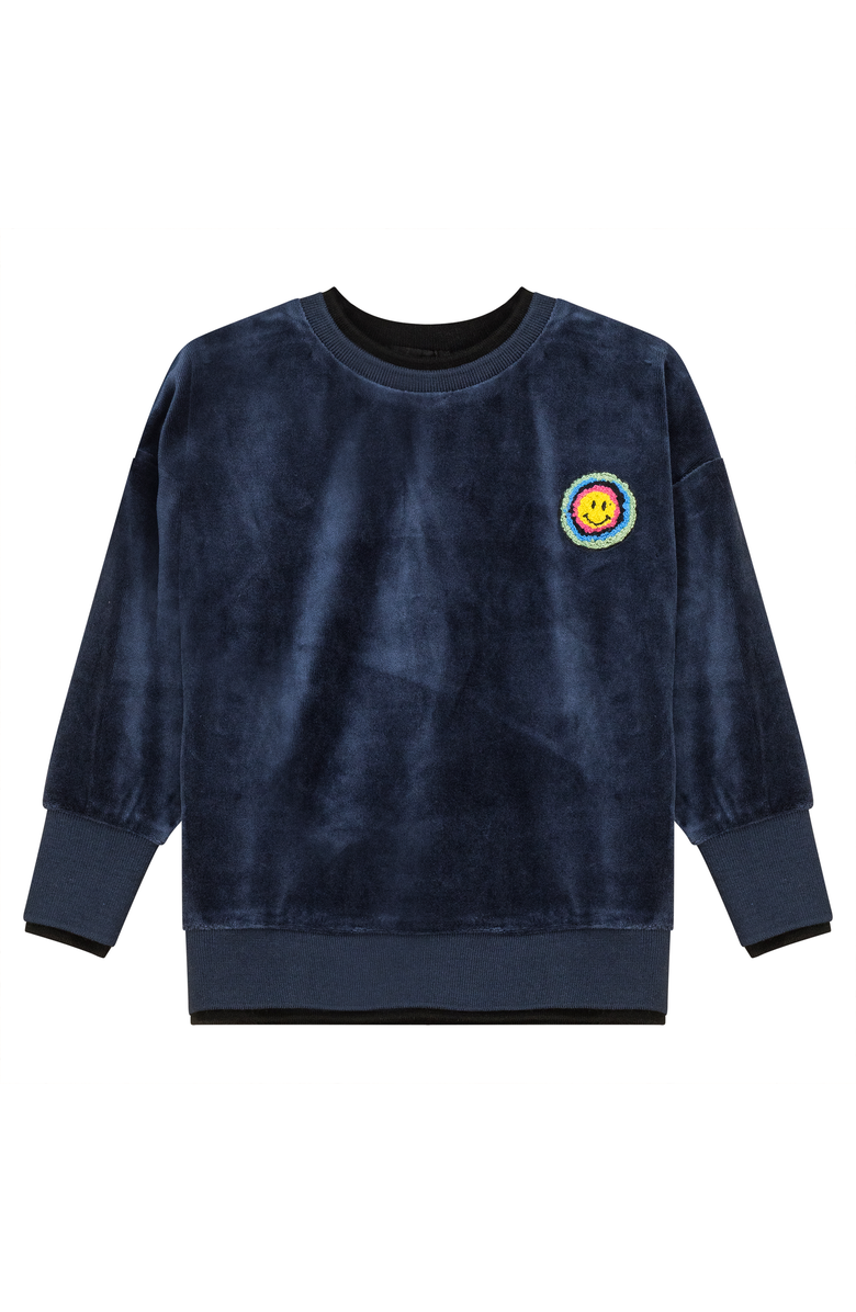 Space Grey Velour Sweatshirt with Smiley and Heart Applique, Main, color, Navy
