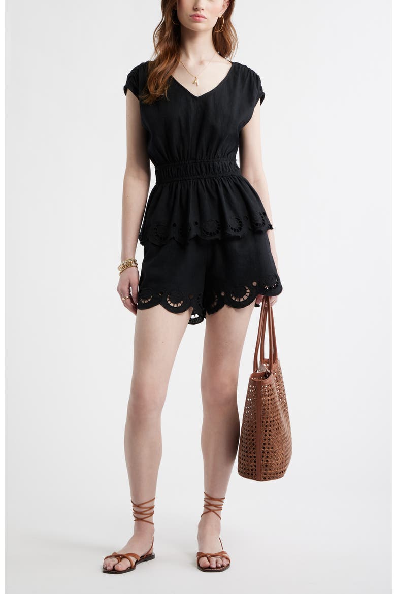 Eyelet Hem Peplum Top, Alternate, color, BLACK