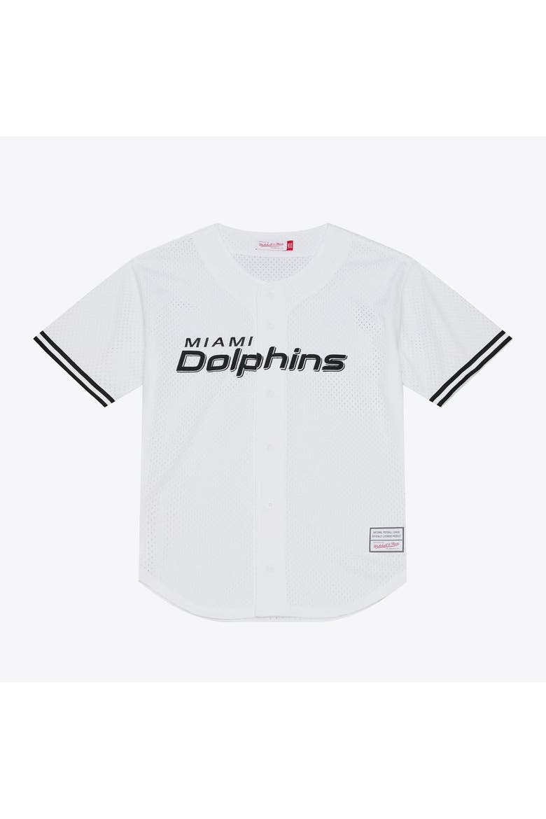 Men's Mitchell & Ness White Miami Dolphins Monochrome Mesh Full-Button Baseball Jersey, Main, color, White