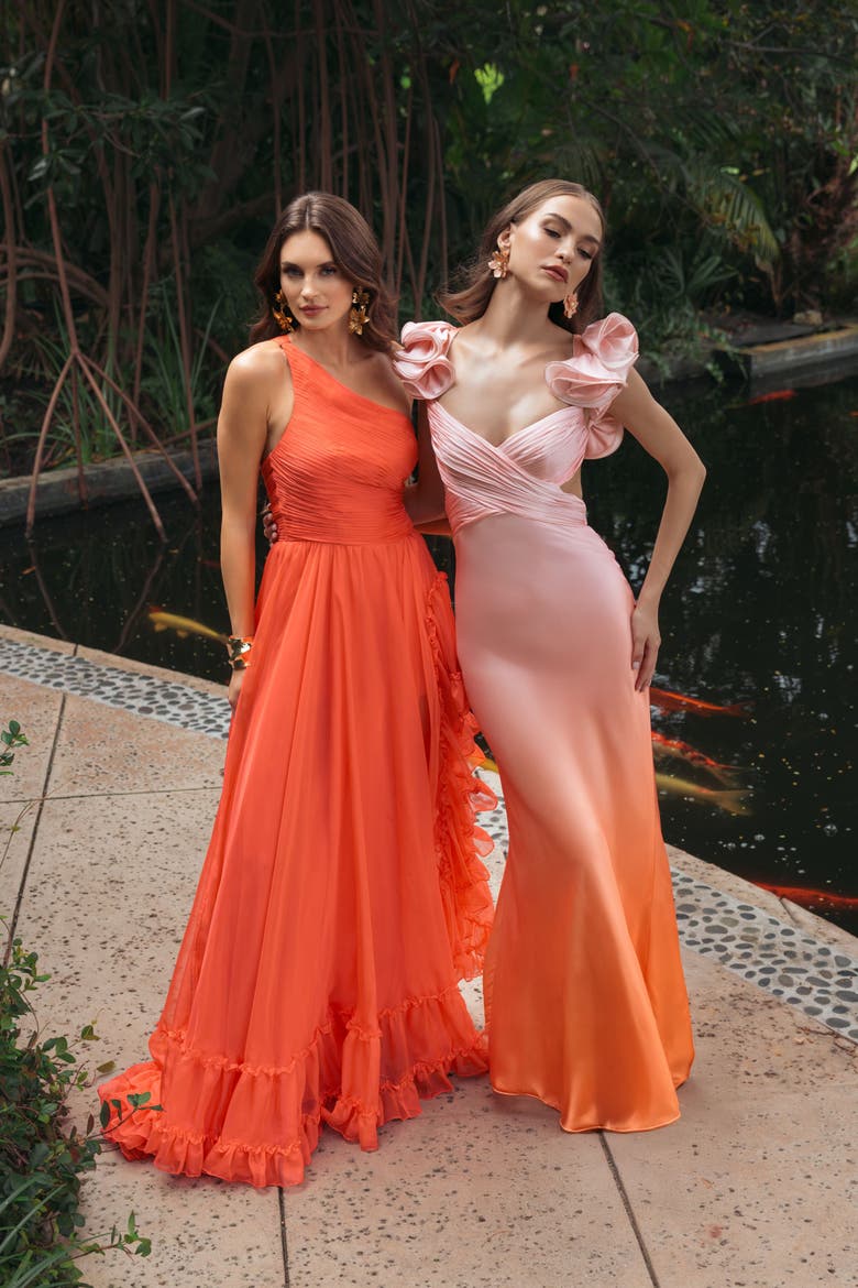 Charmeuse Ombre Gown with Ruffle Straps and Crossover Bodice, Alternate, color, Sunset