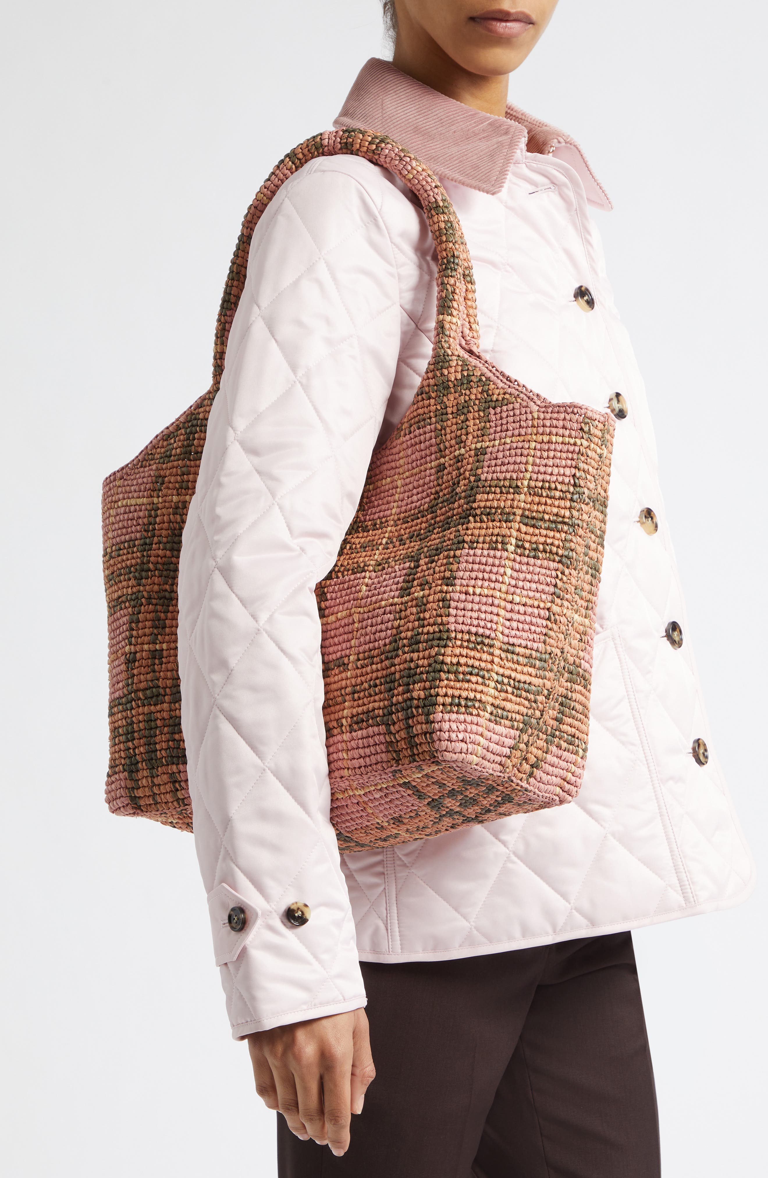 Burberry Small Margate Check Raffia Tote, Alternate, color, Pink Ip Check