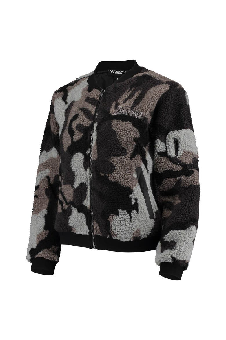 Women's The Wild Collective Black Los Angeles Lakers Camo Sherpa Full-Zip Bomber Jacket, Alternate, color, Black