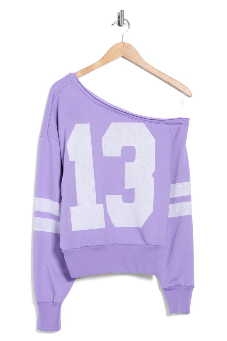 Varsity Off Shoulder Sweatshirt, Alternate, color, PURPLE