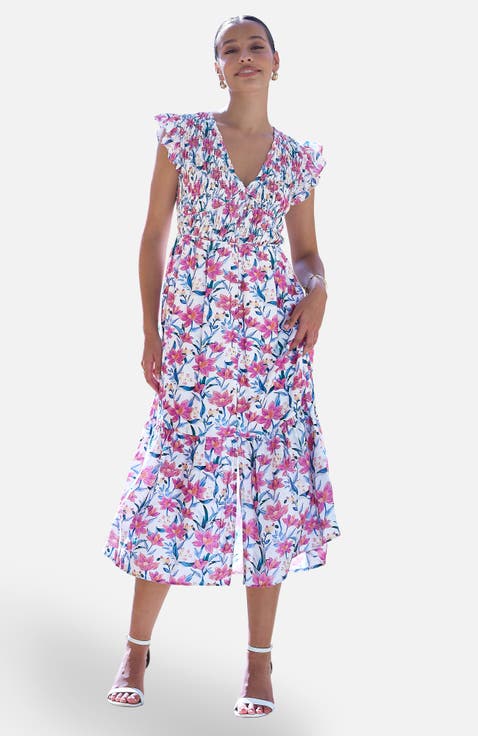 Viscose Floral Ruched Waist Midi Dress