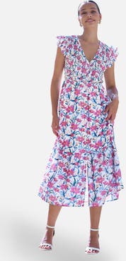 Yumi Floral Ruched Waist Midi Dress