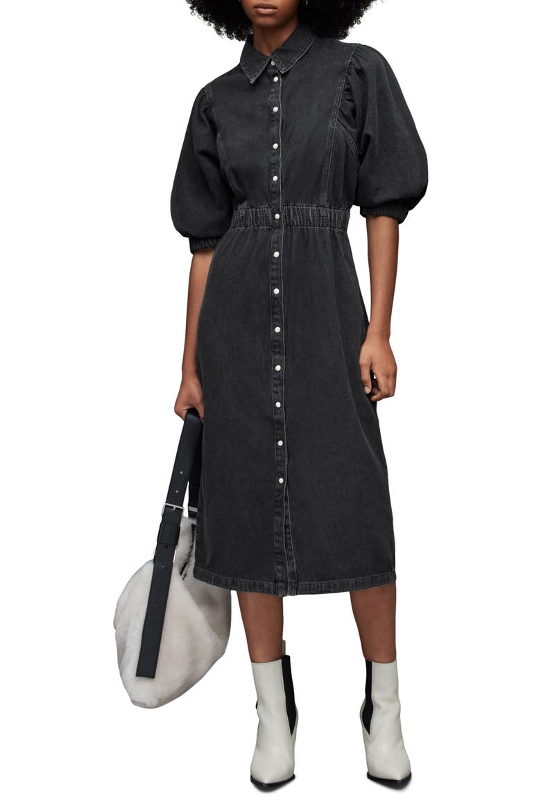Osa Puff Sleeve Denim Midi Shirtdress, Main, color, WASHED BLACK
