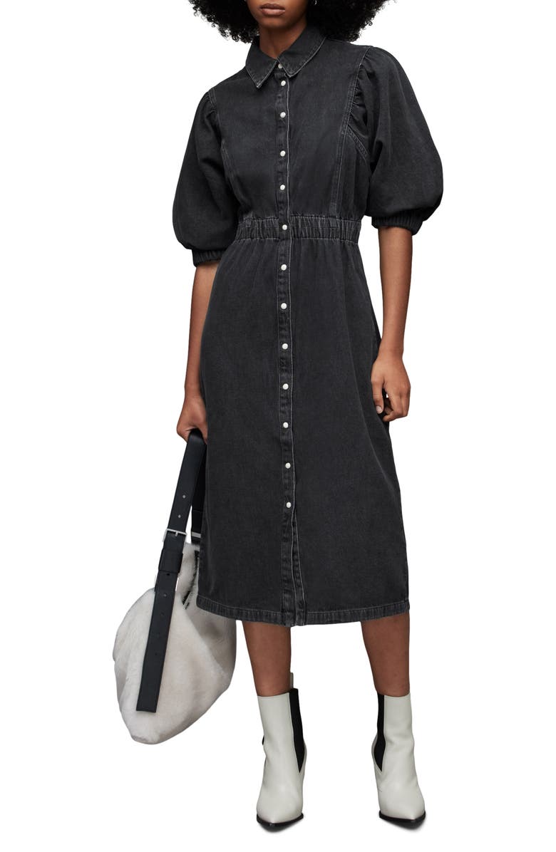 AllSaints Osa Puff Sleeve Denim Midi Shirtdress, Main, color,