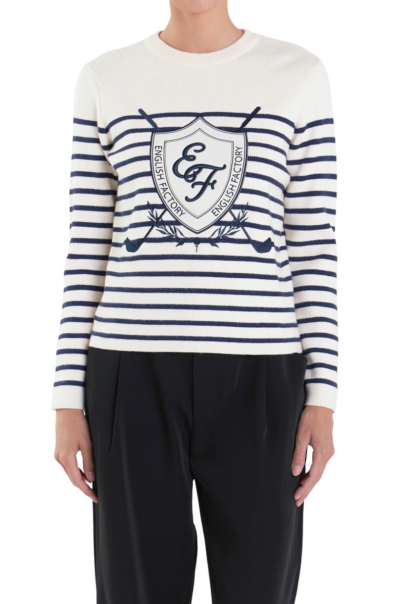 English Factory Sports Club Golf Embroidered Stripe Long Sleeve Knit Top, Alternate, color, Navy/ White