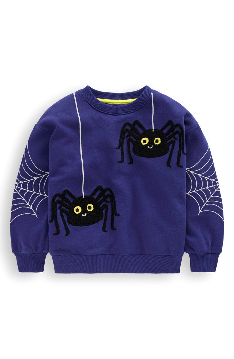Mini Boden Kids' Halloween Spider Appliqué Cotton Graphic Sweatshirt, Main, color, 