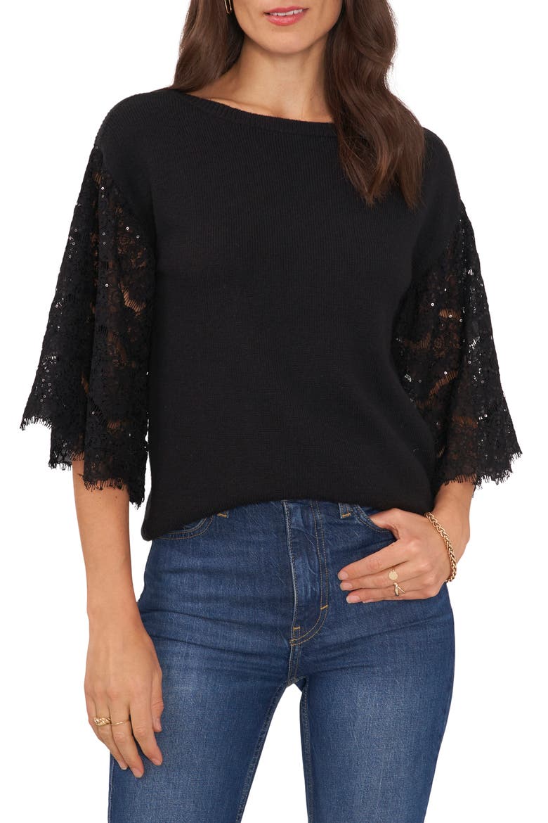 Sequin Lace Sleeve Mixed Media Sweater, Main, color, RICH BLACK