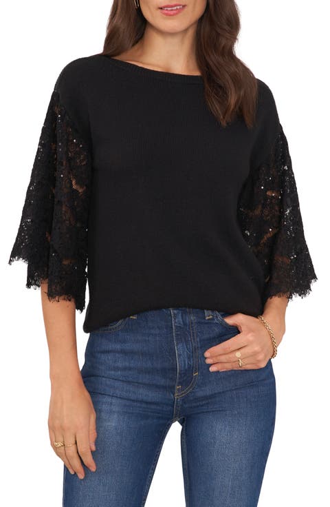 Sequin Lace Sleeve Mixed Media Sweater
