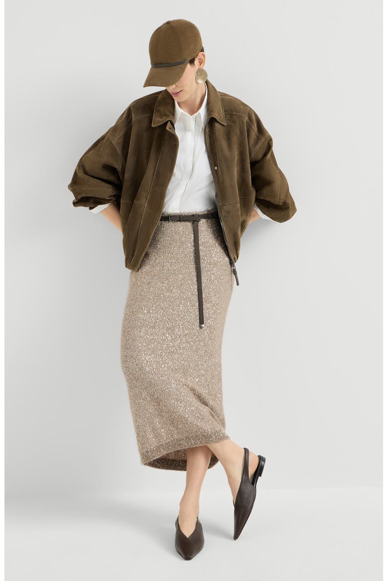 Mohair and wool dazzling texture knit skirt with monili, Alternate, color, Light Brown