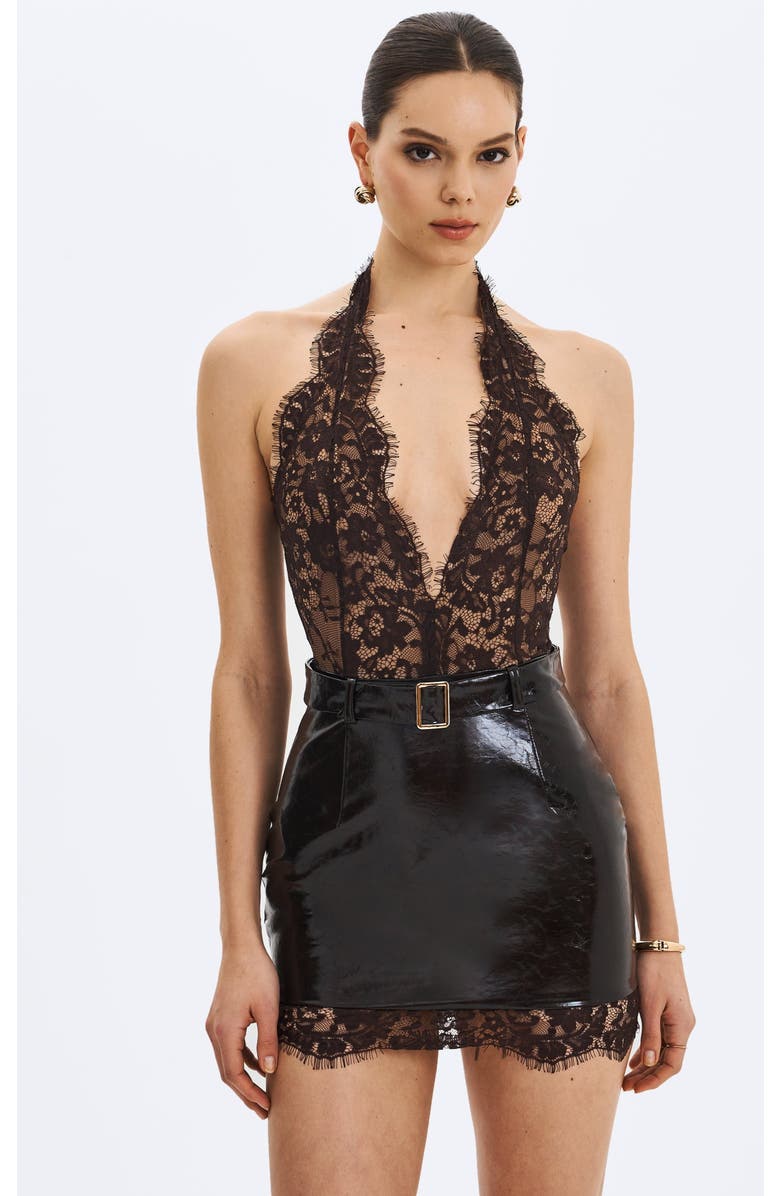 Miss Circle Faris Plunging Halter Belted Mini Dress, Main, color, Mahogany