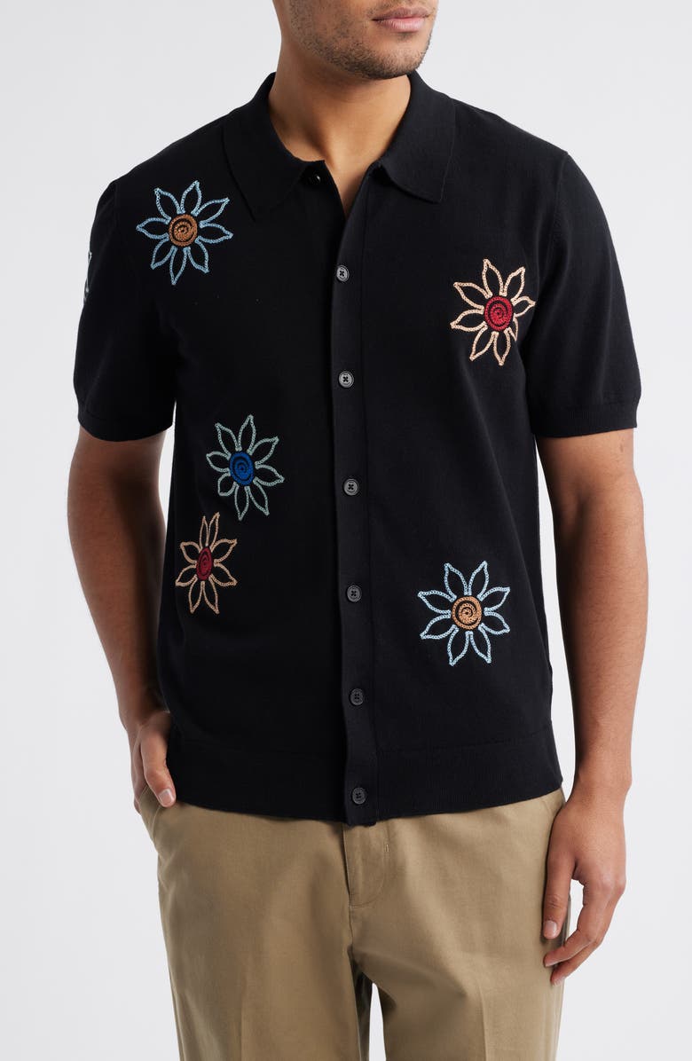 Wax London Tellaro Floral Embroidered Short Sleeve Button-Up Shirt, Main, color, Black / Multi