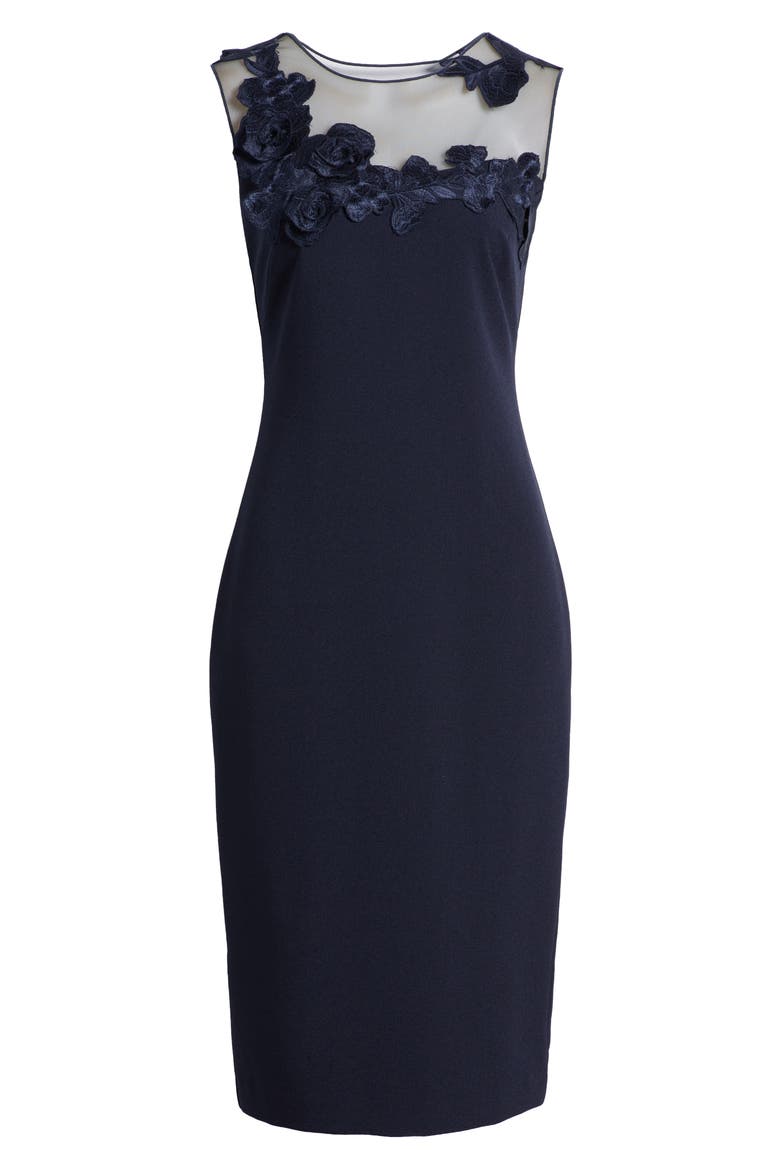 Floral Embroidery Signature Stretch Crepe Sheath Dress, Alternate, color, NAVY